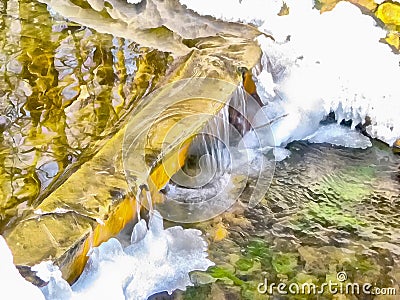 Abstract watercolor landscape. Spring stream, snow and ice, water cascade, waterfall. Digital painting. Watercolor drawing Stock Photo