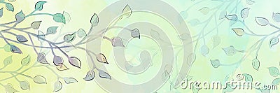 Abstract watercolor leaves and vines, plant branches in pastel blue green purple and yellow colors with minimal outline silhouette Cartoon Illustration