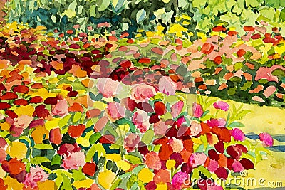 Abstract watercolor original landscape painting colorful of beauty flowers Stock Photo