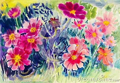 Abstract watercolor original painting colorful of mexican diasy flowers. Stock Photo