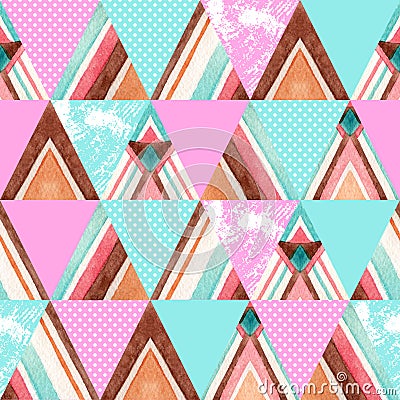 Abstract watercolor ornate triangles seamless pattern. Cartoon Illustration