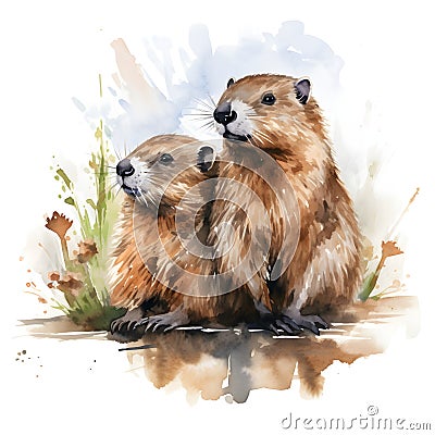 Abstract watercolor painting of a beautiful couple beavers. Lovely life partner. Generative AI. Stock Photo