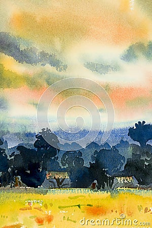 Abstract watercolor painting of village view,tree mountain Cartoon Illustration