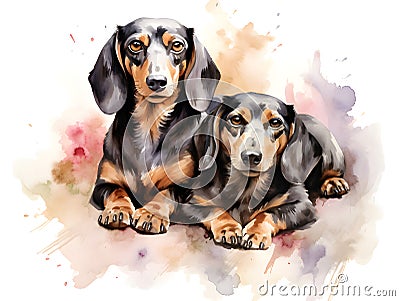 Abstract watercolor painting of a pair of dachshund. The Dachshund has a long body. Generative AI. Stock Photo