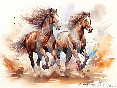 Abstract watercolor painting of a pair of horses. Used for making posters, wallpaper. Generative AI. Stock Photo