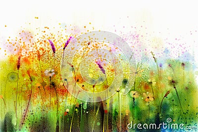 Abstract watercolor painting purple cosmos flowers and white wildflower Stock Photo