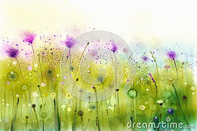 Abstract watercolor painting purple cosmos flowers and white wildflower Stock Photo