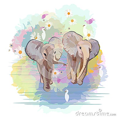 Abstract watercolor pattern Two funny little babies elephants Stock Photo