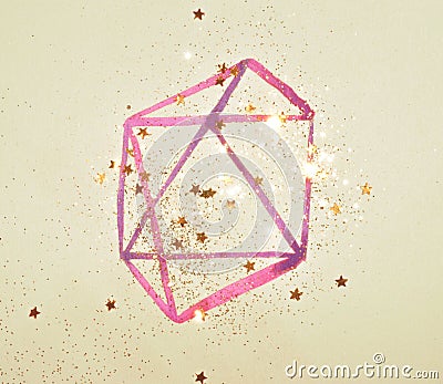 Abstract watercolor polygonal geometric frame and golden glitter and glittering stars in vintage nostalgic colors. Stock Photo