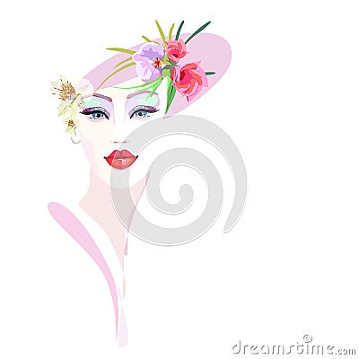 Abstract watercolor portrait girl, floral hat pink Stock Photo