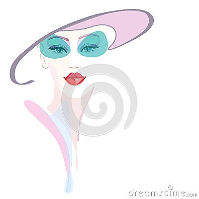 Abstract watercolor portrait girl, hat pink gray, Stock Photo