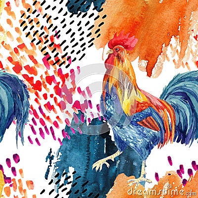 Abstract watercolor rooster seamless pattern Cartoon Illustration