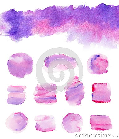 Abstract watercolor set of brushes of purple, violet and pink color stains isolated on white Stock Photo