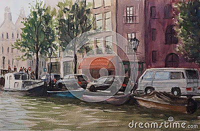 Abstract watercolor sketch view of Amsterdam street. Stock Photo