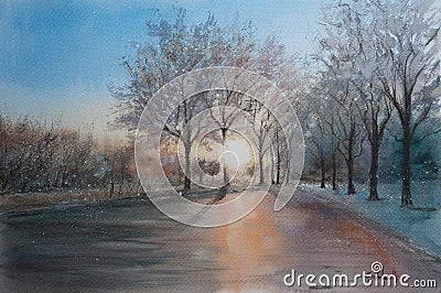 Abstract watercolor sketch of winter landscape. Stock Photo