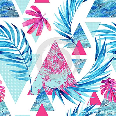 Abstract watercolor triangle and exotic leaves seamless pattern. Cartoon Illustration