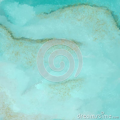 Abstract watercolor turquoise background. Illustration of marble texture with gold. Square banner. Streaks of ink Stock Photo