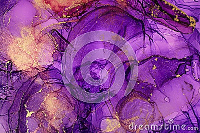 Abstract watercolor violet dark sky imitation with gold glitter. Stock Photo