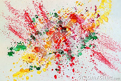 Abstract watercolor vivid colorful background painting with spray, spots, splashes. Hand drawn on paper grain texture Stock Photo