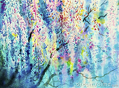 Abstract watercolor wisteria flowers. Cartoon Illustration