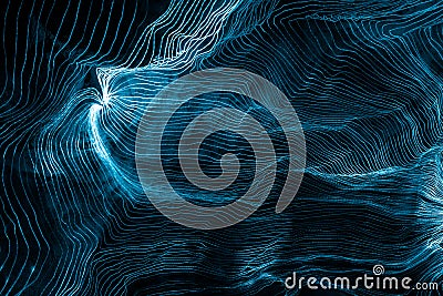 Abstract wave of digital weave lines connecting network dots and dark background Stock Photo
