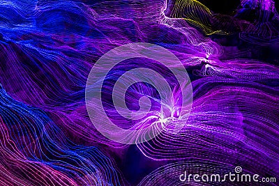 Abstract wave of digital weave lines connecting network dots and dark background Stock Photo