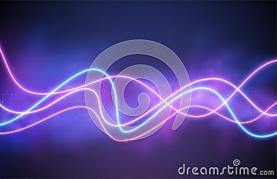 Abstract wave neon shape on pink smoke background. Vector glowing light lines. Dark neon background. Vector illustration Cartoon Illustration