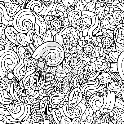 Abstract waves and flowers hand-drawn seamless pattern Vector Illustration