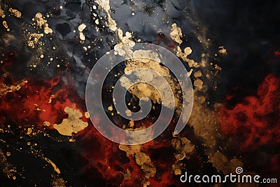 Abstract wavy background. Red and gold acrylic paint on a black background. Imitation marble Stock Photo