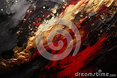 Abstract wavy background. Red and gold acrylic paint on a black background. Imitation marble Stock Photo