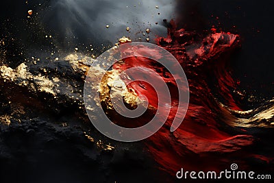 Abstract wavy background. Red and gold acrylic paint on a black background. Imitation marble Stock Photo