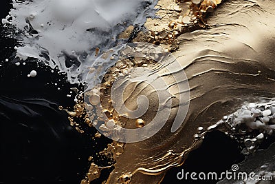 Abstract wavy background. white and gold acrylic paint on a black background. Imitation marble Stock Photo