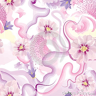 Abstract wavy lines and flowers. Beautiful seamless watercolored floral texture. Endless pattern in bright spring style with Stock Photo