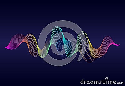 Abstract wavy lines surface with rainbow color on dark blue background. Soundwave of gradient lines.Vector digital frequency Stock Photo