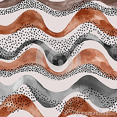 Abstract wavy stripes with doodle, polka dot, watercolor texture in earth tone colors Cartoon Illustration