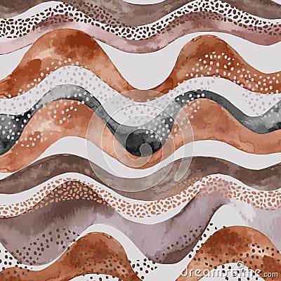 Abstract wavy stripes with doodle, polka dot, watercolor texture in earth tone colors Vector Illustration