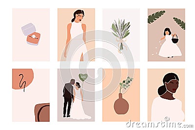 Abstract wedding couple groom and bride, woman portraits, bouquets holiday cards Vector Illustration