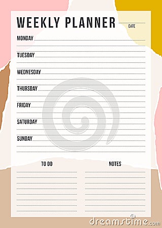 Abstract weekly planning template with pieces of torn paper in pastel colors. Vector Illustration