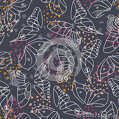 Abstract White Butterfly Wings on Dark grey Background with Colorful Accents Vector Seamless Pattern. Elegant Texture Vector Illustration