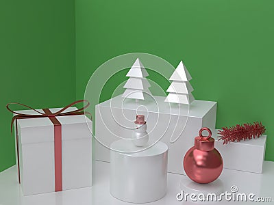 Abstract white christmas tree,metallic red ball white glossy snowman and gift box green background 3d render Stock Photo