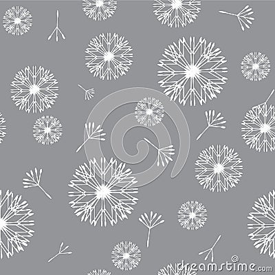Abstract white dandelions on a gray background. Seamless pattern. Vector Illustration