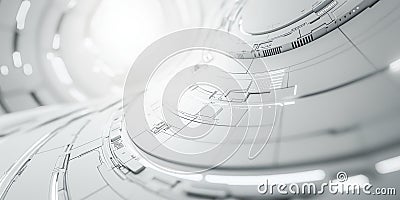 Abstract white futuristic curved structure with circuit-like patterns. Minimalistic digital technology background. Design for tech Stock Photo