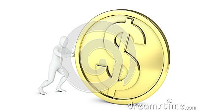 Abstract white guy rolls large golden coin Stock Photo