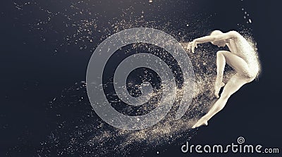 Abstract white plastic human body mannequin with scattering particles over black background. Action dance jump ballet pose Cartoon Illustration