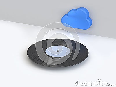 Abstract white scene vinyl disc-record with blue cloud icon minimal cartoon style 3d render music technology network internet c Stock Photo