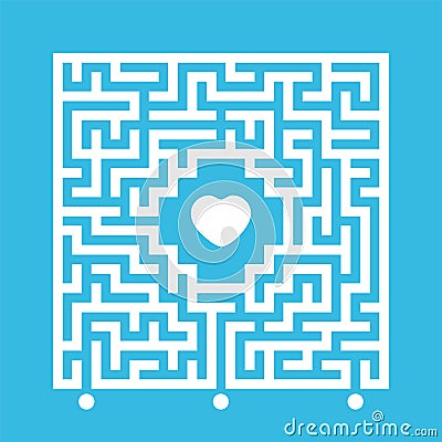 Abstract white square maze. Find the right path to the heart. Labyrinth conundrum. Love search concept. Flat vector illustration Vector Illustration