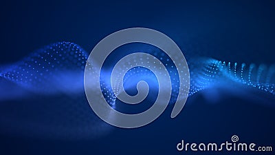 Abstract white waves oscillation. Abstract glowing digital cyber wave made of particles and dots moves on a blue background. Blue Stock Photo