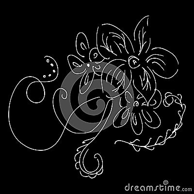 Abstract wildflower outline icon isolated on black background. Hand Drawn vector illustration. Line art. Sketch Cartoon Illustration