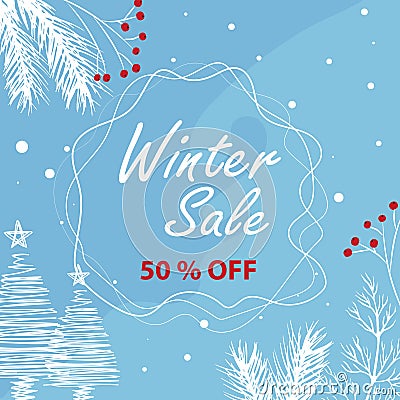 Colorful winter banner with fir branches, snow-covered trees Vector Illustration