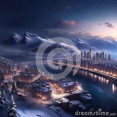 Abstract winter city. Night lights of roofs and spiers Stock Photo